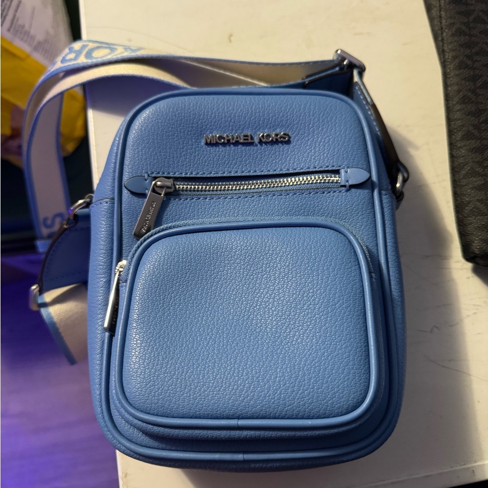 Michael Kors Blue Belt Bag with Structured Shape and Silver Hardware